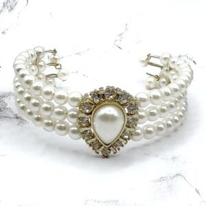 Faux Pearl Memory Wire Bracelet Rhinestone Teardrop Bridal Statement